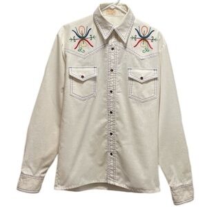 Vintage Handmade Western/Cowboy Shirt Floral Embroidery on Ivory Linen M Unisex